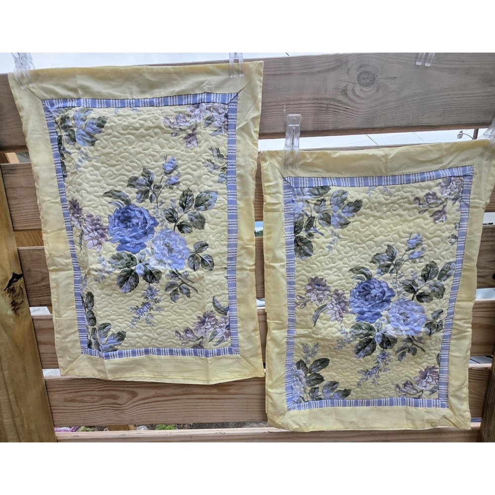 Laura Ashley Cassidy Blue Yellow Floral Quilted Pillow Shams Pair 26x20 NWOT